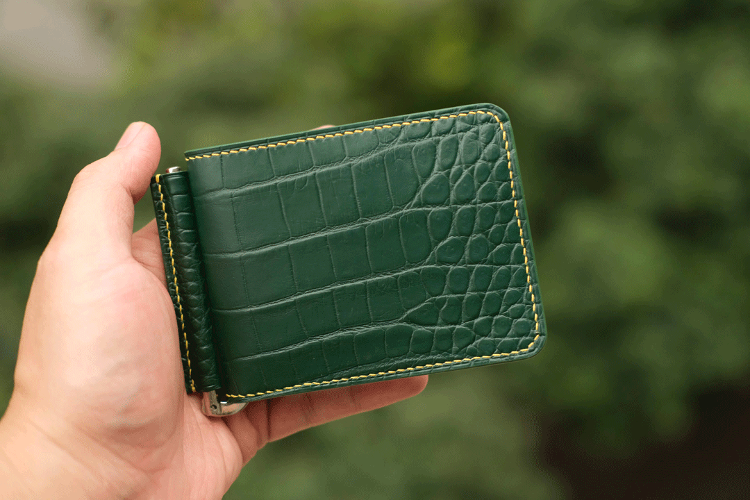 Bespoke Blue Crocodile Leather Bilfold Wallet, Money Clip Handmade W04 -  Hephakee