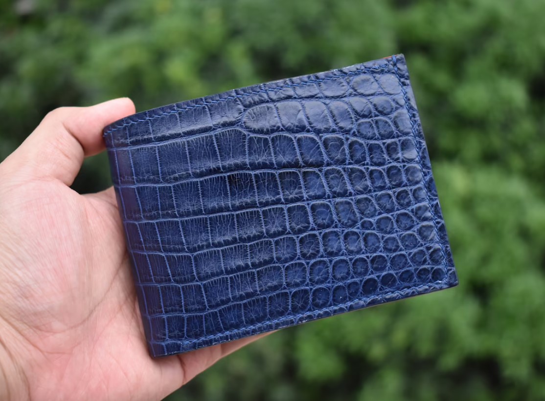 Bespoke Blue Crocodile Leather Bilfold Wallet, Money Clip Handmade