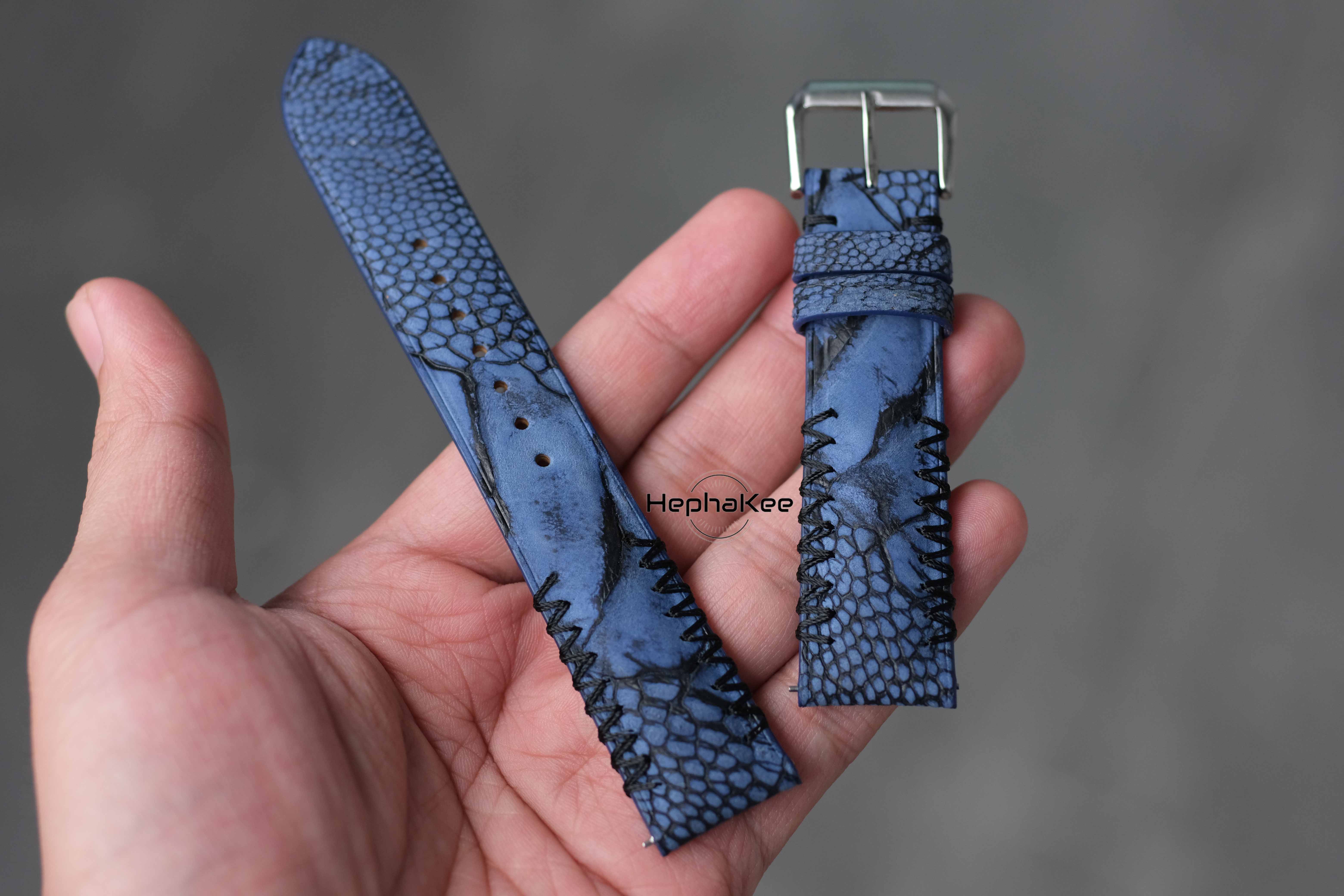 Blue ostrich leg leather handmade watch strap HDOL55