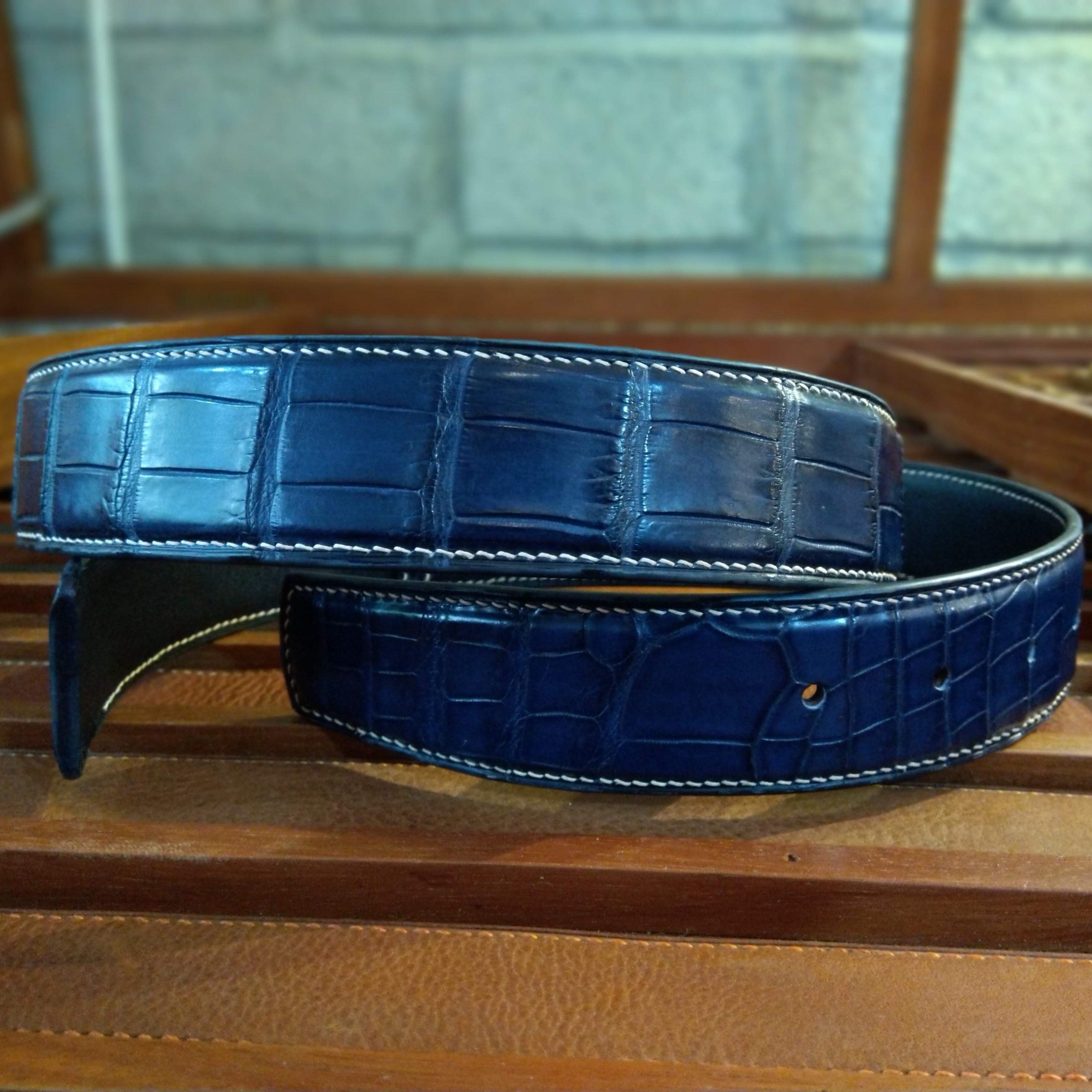 Bespoke Dark Blue Crocodile Leather Belt Handmade B01 - Hephakee